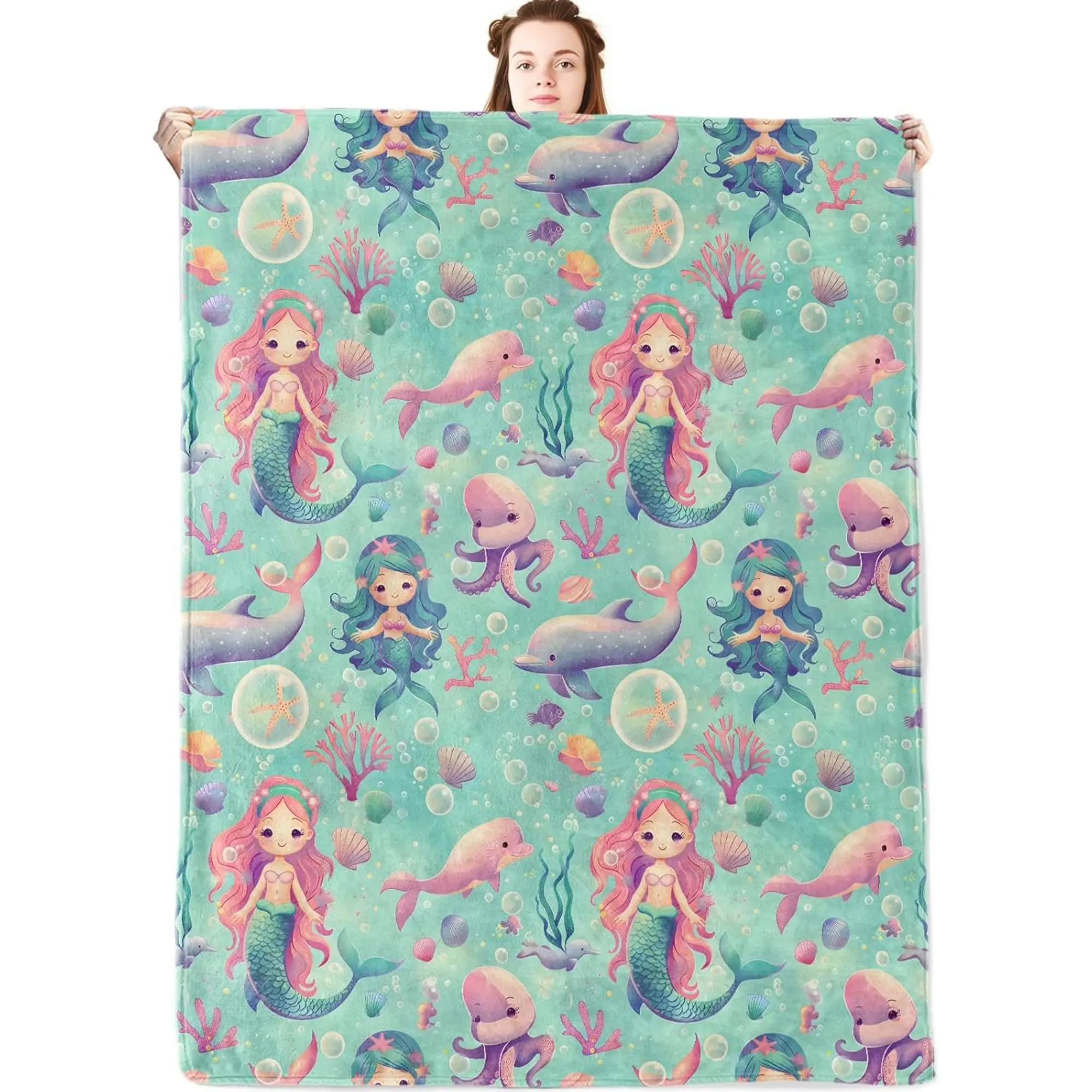 1pc Four Seasons Suitable Flannel Blanket Mermaid Dolphin Octopus Coral Bubble for Travel, Camping for Living Room, Office Machine Washable