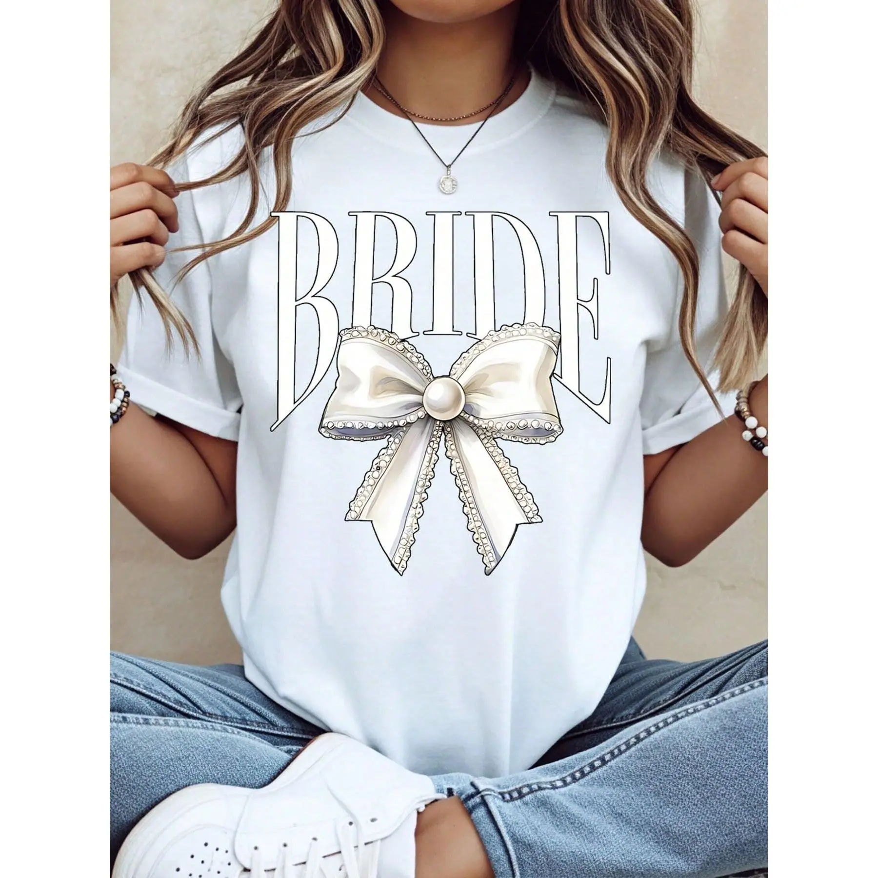 100% Cotton Bride T-Shirt With Pearl Bow Design For Wedding Bridal Party Bachelorette Party Celebration Women's Casual Shirt