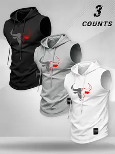 American Fitness Style Hooded Sleeveless Tank Top, Elastic Fabric, Men's Gym Running Daily Wear, Casual Loose-Fitting Letter Pattern