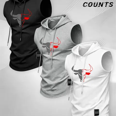American Fitness Style Casual Loose-Fitting Letter Pattern Elastic Hooded Tank Top, Men's Gym Running Daily Wear, Casual Workout Tops, Casual Sporty Top