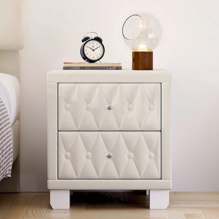 Elegant Beige Velvet Nightstand with 2 Drawers & Crystal Handles, Button-Tufted Design, Storage Bedside Table with Button-Tufted Details, Beige