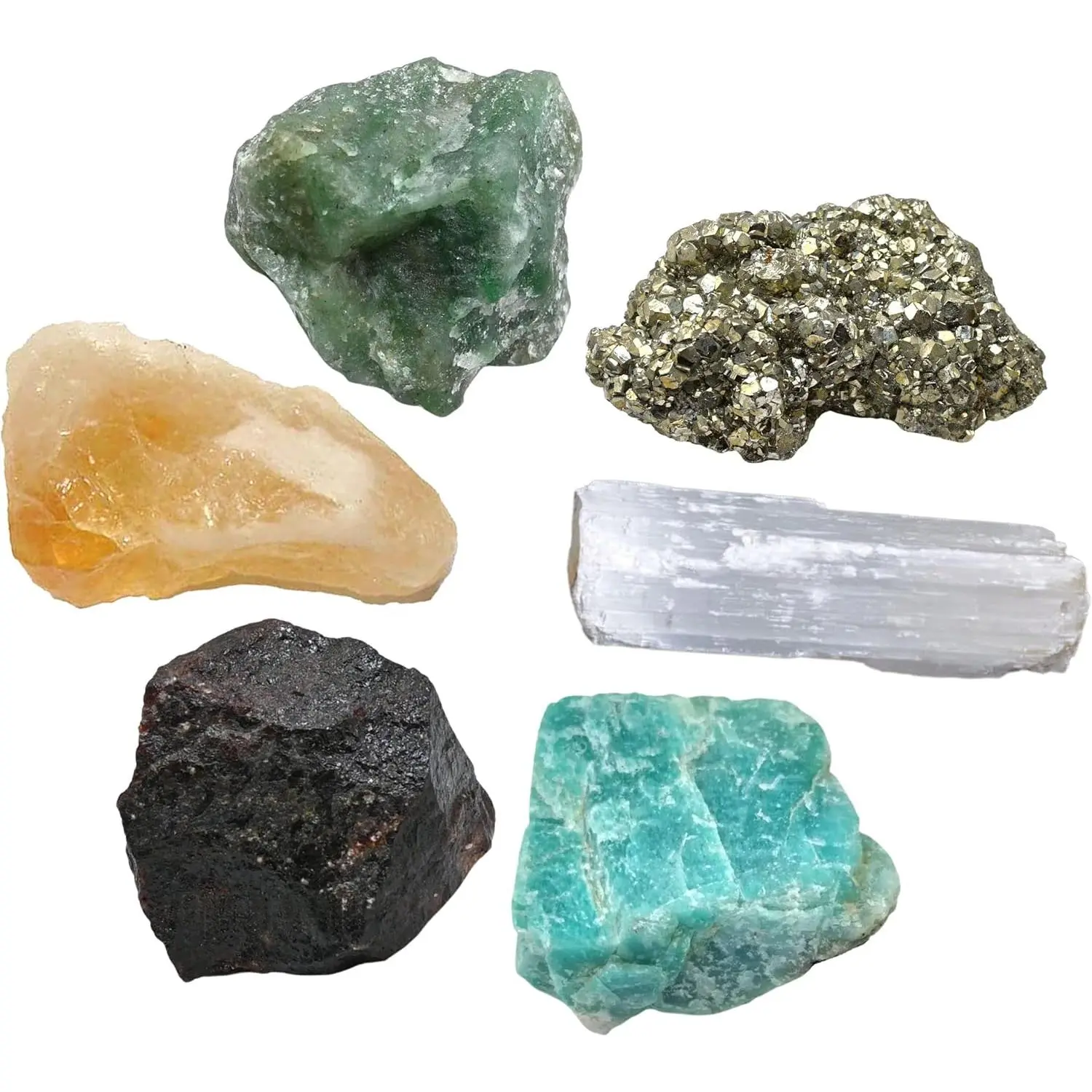 Crystals for Money and Success Manifestation, Set of 6 Citrine, Pyrite, Garnet, Selenite, Green Aventurine and Amazonite Healing Crystals and Stones