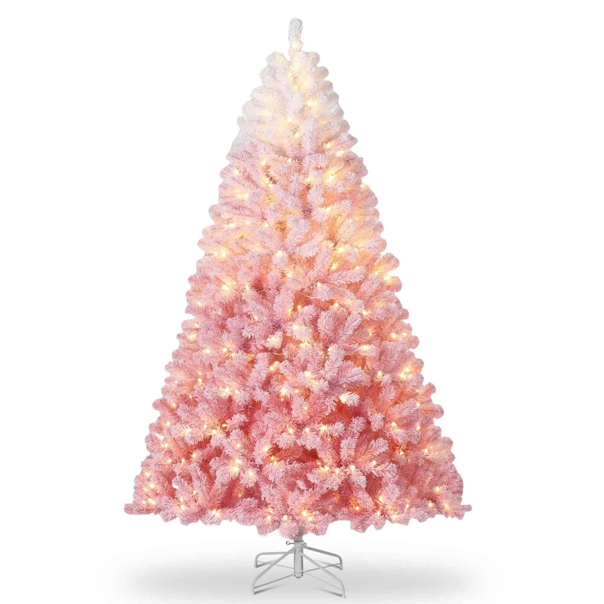 7.5ft / 9ft Pre-Lit Snow Flocked Christmas Tree With Pink Gradient And 450 RGB Warm White LED Lights Foldable Base For Home And Office