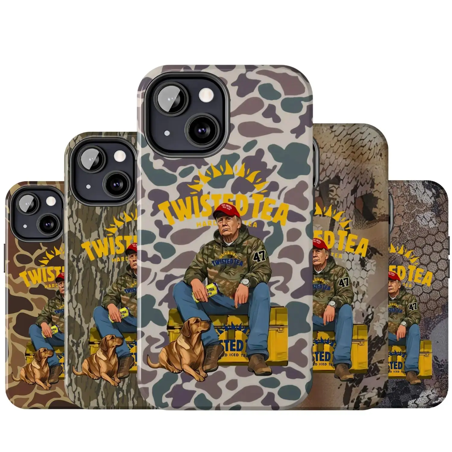 Camouflage Twisted Tea Hunter Trump Phone Case, Hard Iced Tea Aesthetic for iPhone 17/16/15/14/13/12 ProMax/Plus and Samsung Galaxy S22-26, Truuuump and Your Hunt Dog Cover, Unique Accessories, Outdoors, Hunting Gifts
