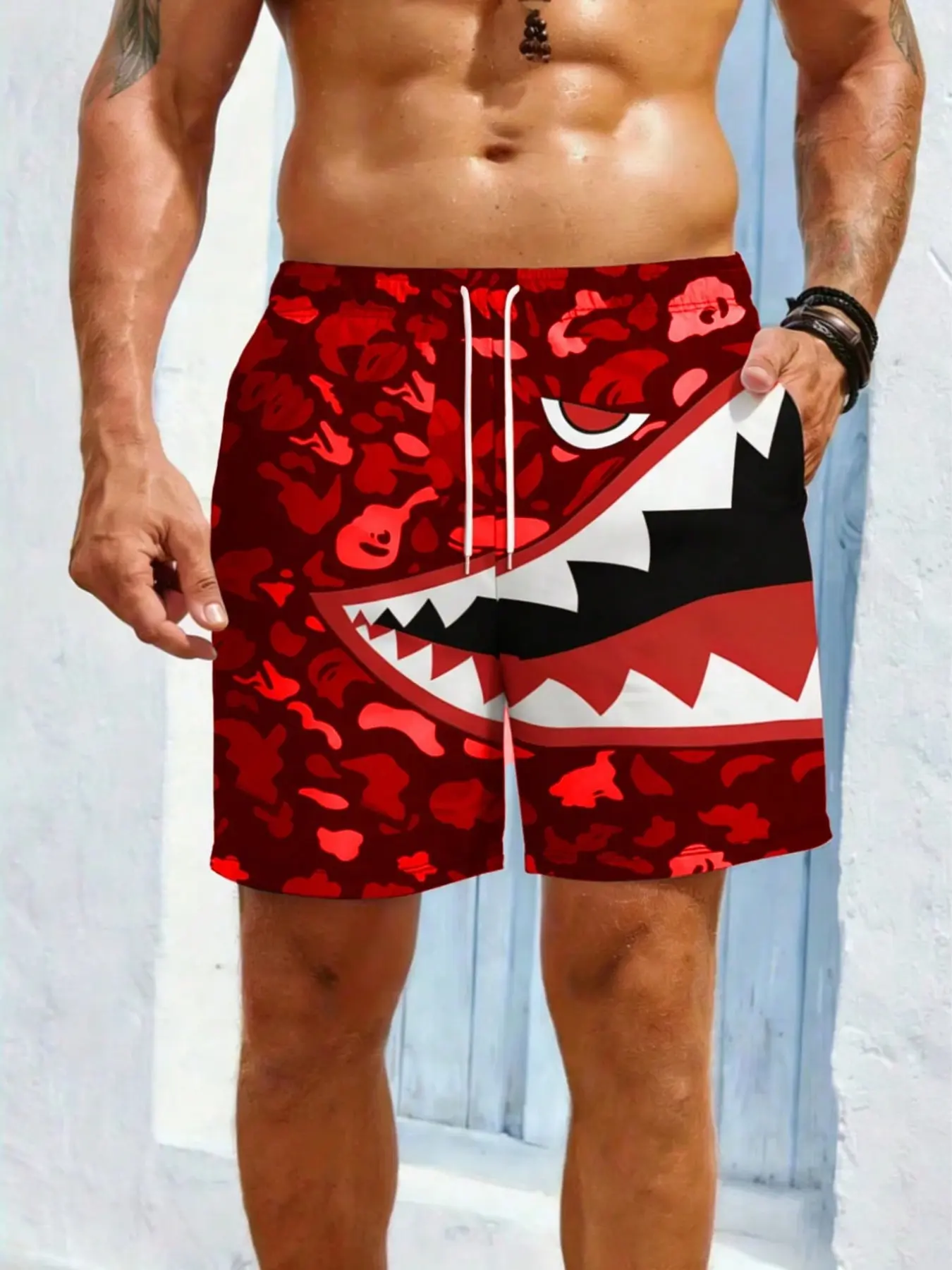 Men's Camouflage Shark Mouth Print Drawstring Pocket Beach Shorts, Breathable Summer Street Style Men's Shorts, Loose-Fitting Sporty Design, Graphic Fitness Shorts, Breathable Sports Shorts, Shorts Sportswear