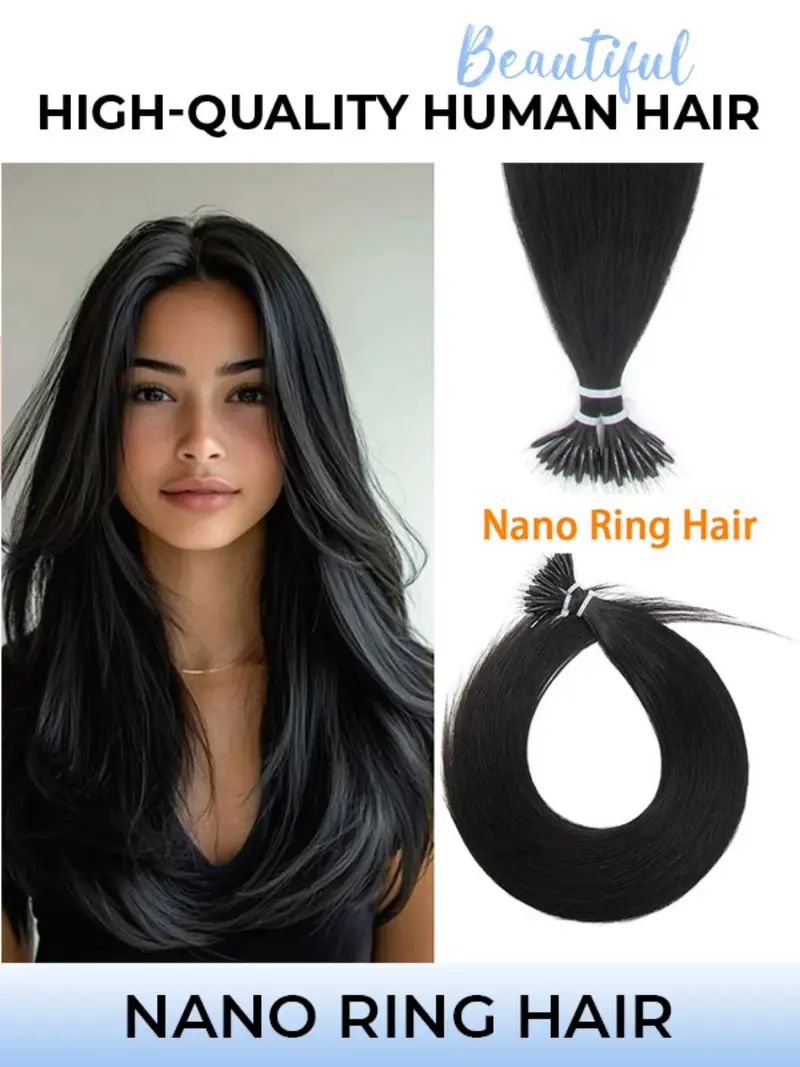 50 Strand Micro Bead Nano Ring Straight Hair Extensions, Remy Nanobead Real Human Hair Technology, Seamless Hooked, Soft Natural Look
