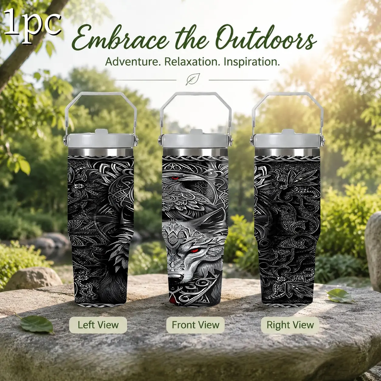 1pc 30oz Tribal Wolf Thermal Water Bottle, Flip Anti-Spill Lid, Foldable Handle, Back to School Gift, Perfect for Vikings & Wildlife Fans
