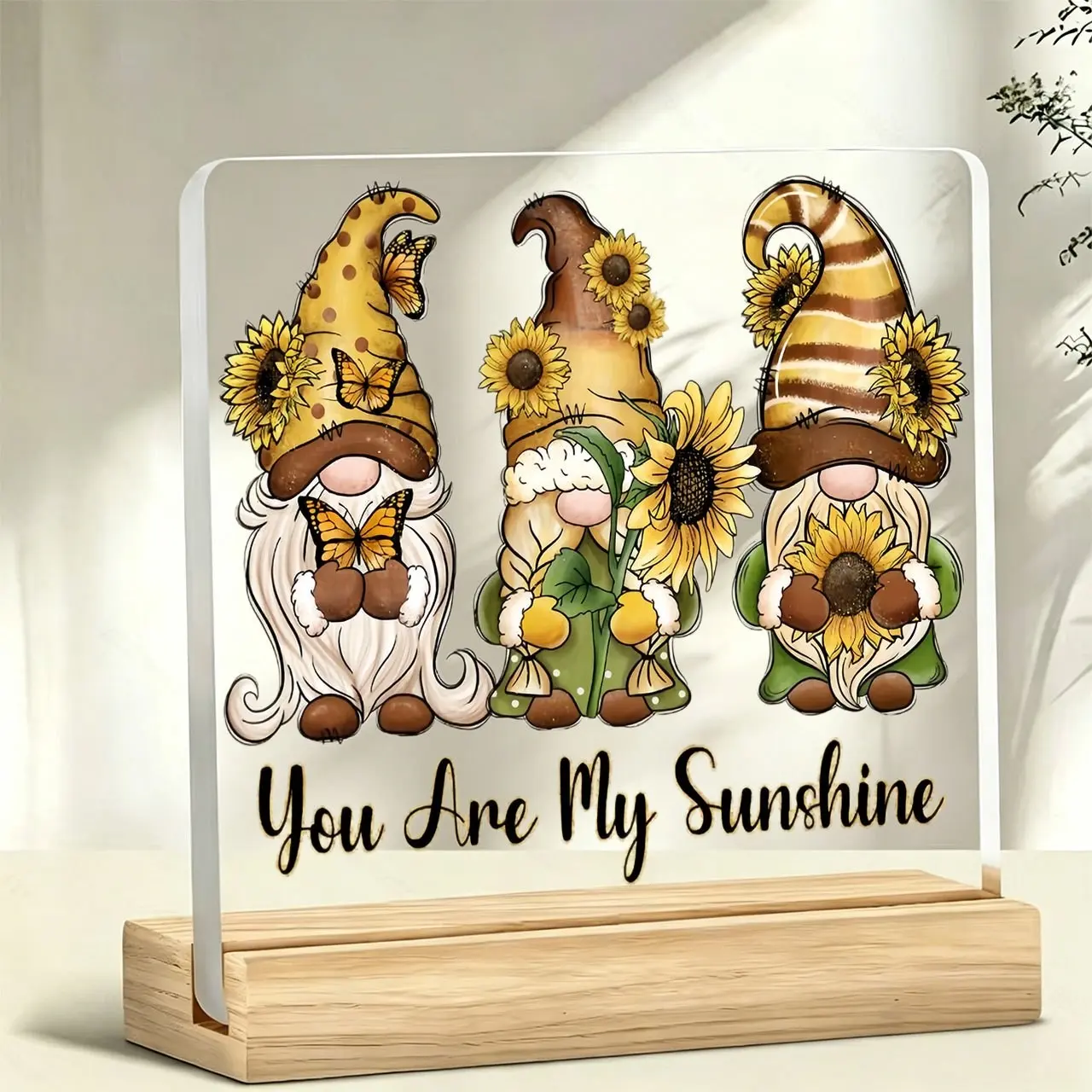 Sunflower Dwarf Acrylic Desk Decor, Inspirational Quote 'you Are My Sunshine', Wooden Base, Office Desktop Organizer, Motivational Gift