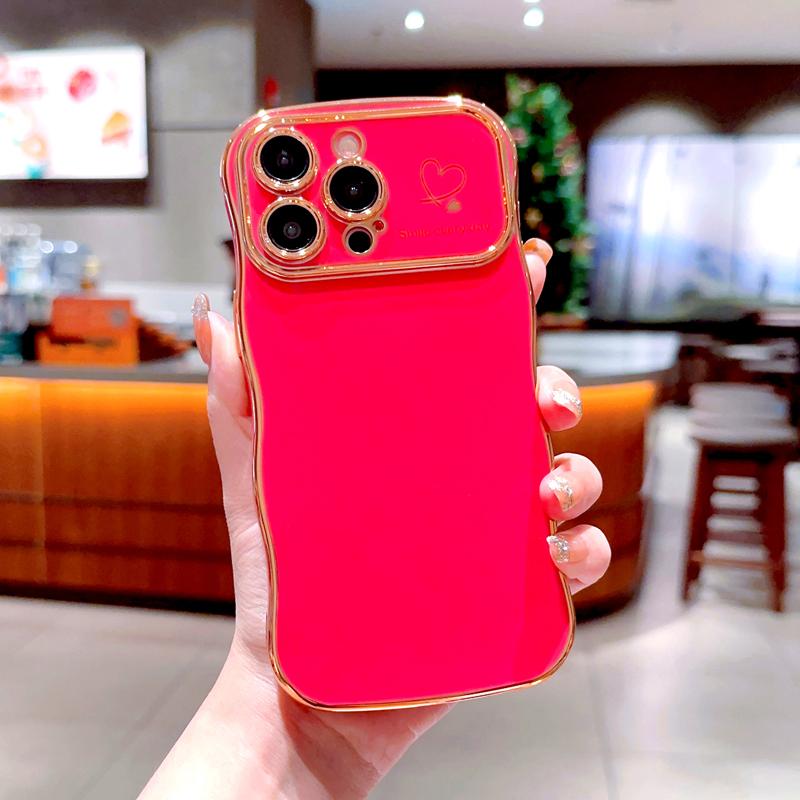 OREKROY [FreeShip] Cute Wave Shape with Love Heart Raised Camera Protection Phone case For iPhone 16 15 14 13 1211 Pro Max Accessories Durable Silicone Shiny Silicone Shiny Wavy