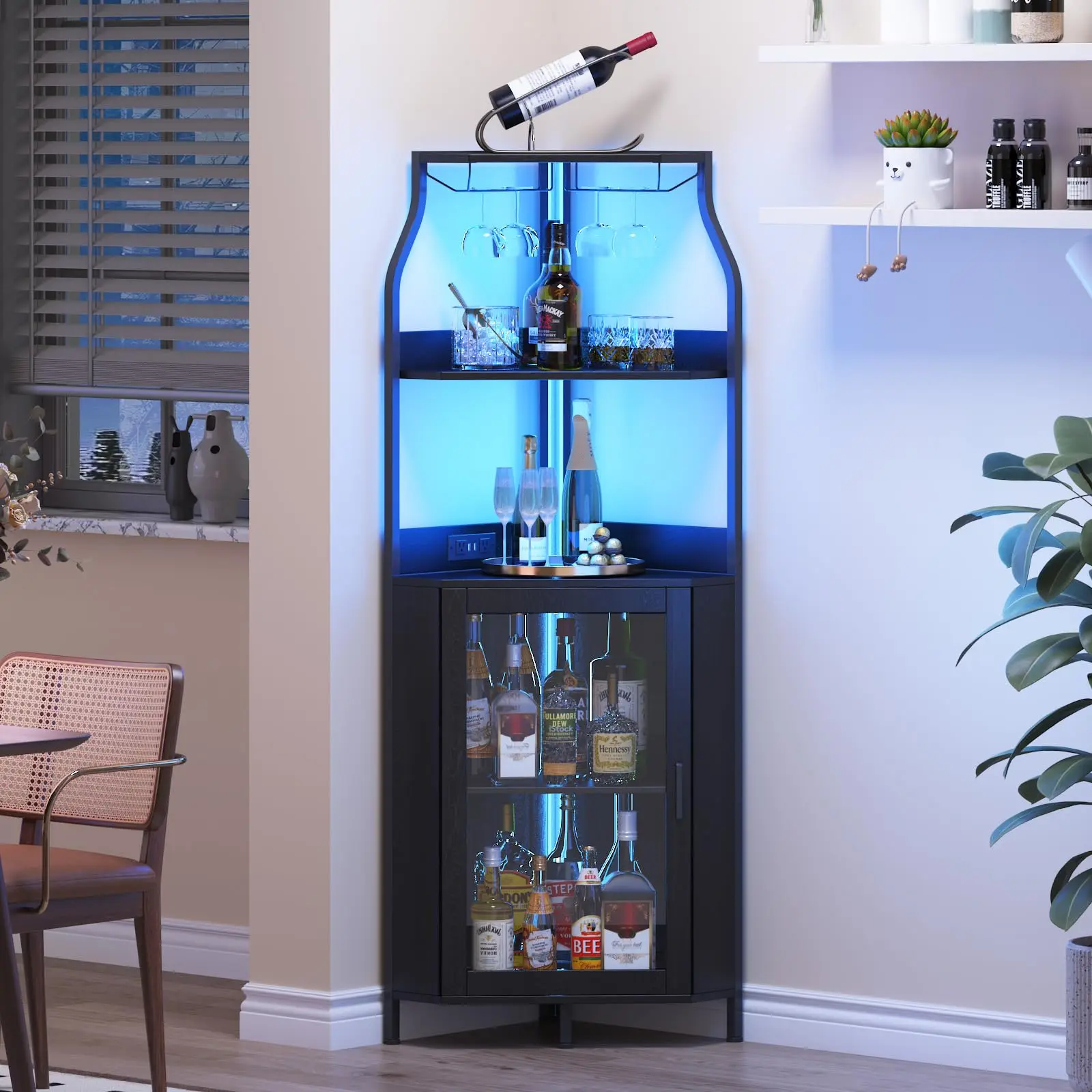 5-Tier Corner Wine Bar Cabinet with Barn Door, Glass Rack and Adjustable Shelves, Farmhouse Space-Saving Freestanding Liquor Storage Cabinet Made of Metal Frame & MDF, Compact Home Bar Furniture for Kitchen, Dining Room and Living Room