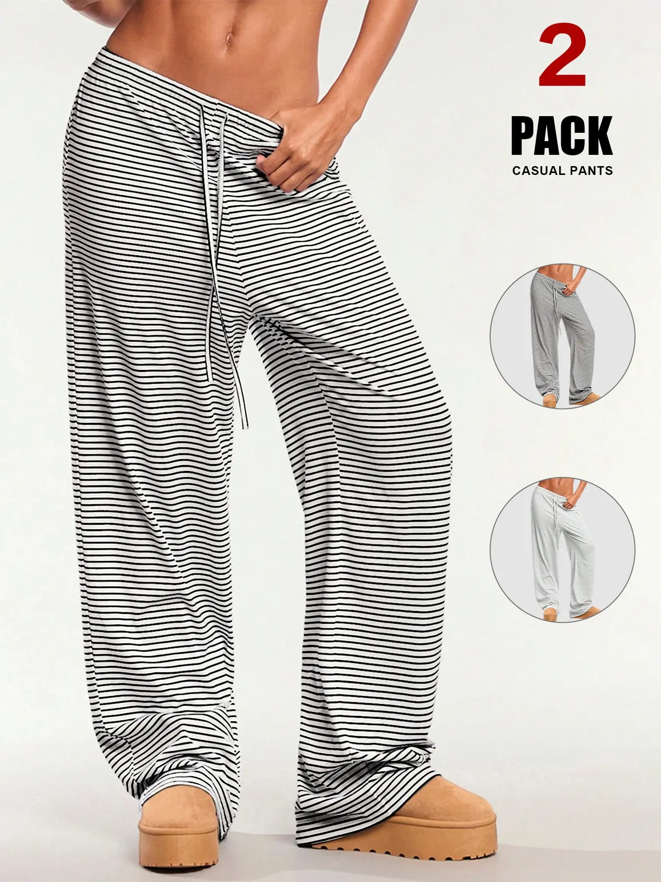 Women's Striped Wide Leg Lounge Pants Elastic Waist Drawstring Loose Fit Casual Pants