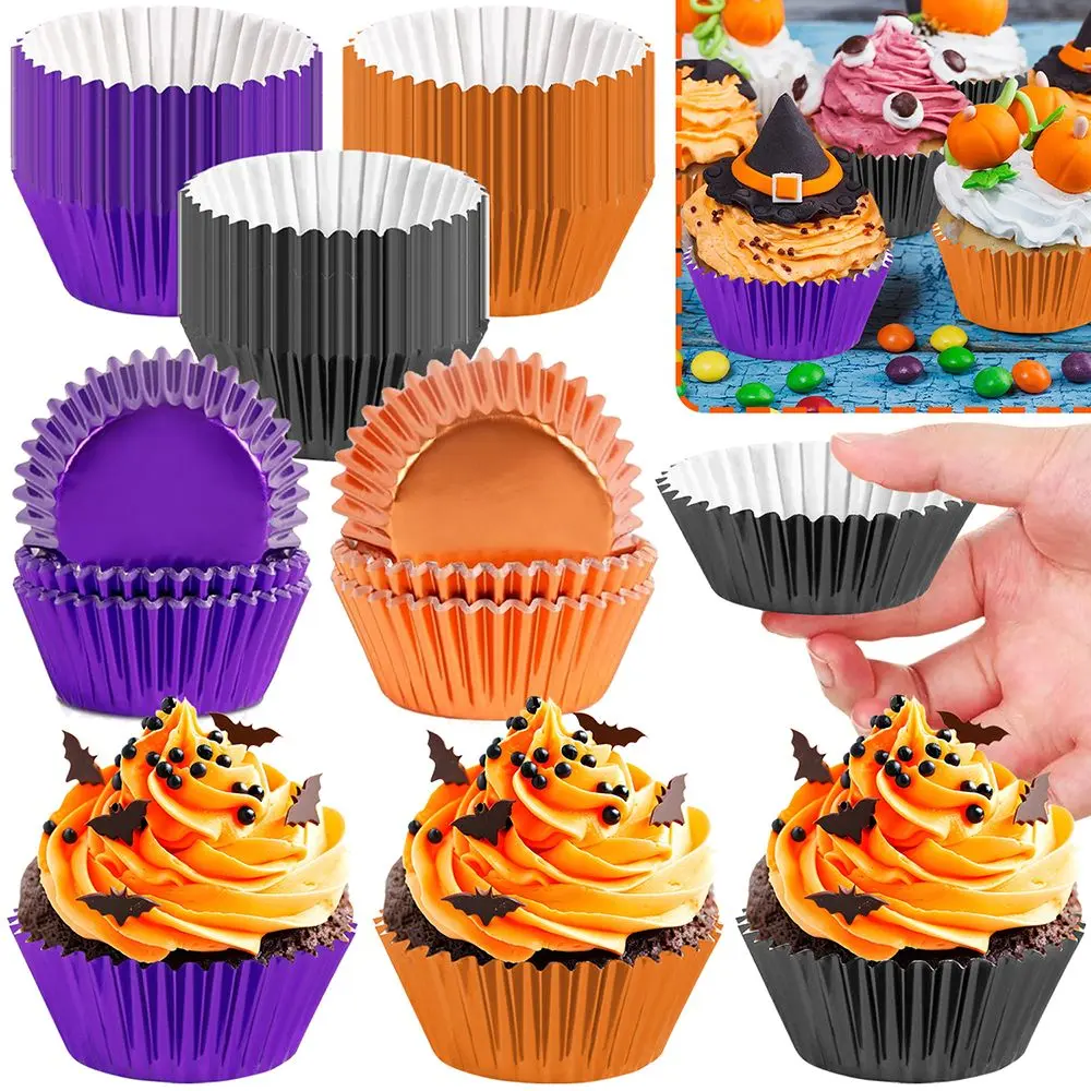 US Fast Shipping 300 Pcs Halloween Foil Cupcake Liners Black Purple Orange Foil Metallic Cupcake Wrappers
