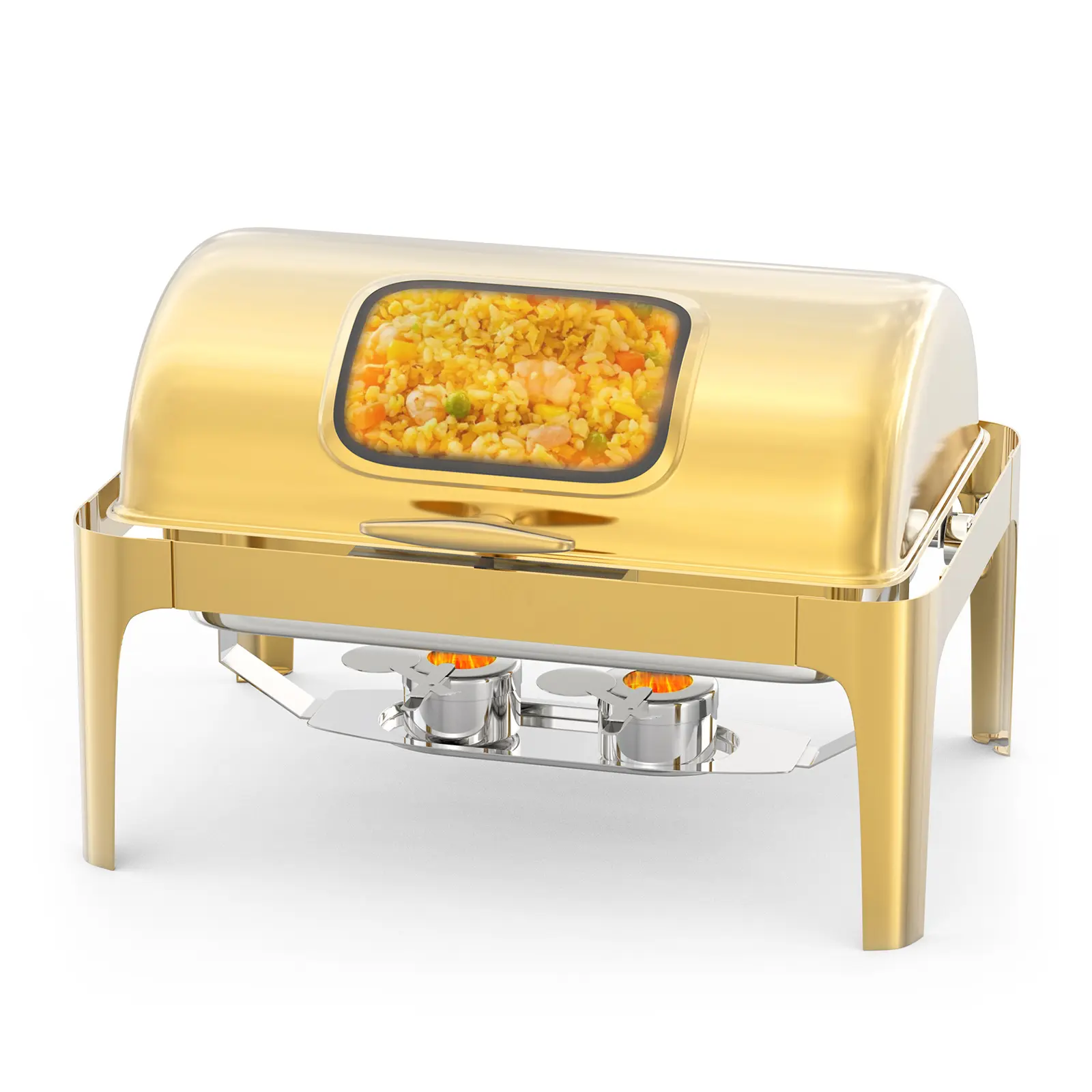 9QT Stainless Steel Roll Top Chafing Dish | Full Size Buffet Food Warmer, Visible Lid 90°/180° Opening, Water Pan Stand Fuel Holder for Catering Parties Banquets