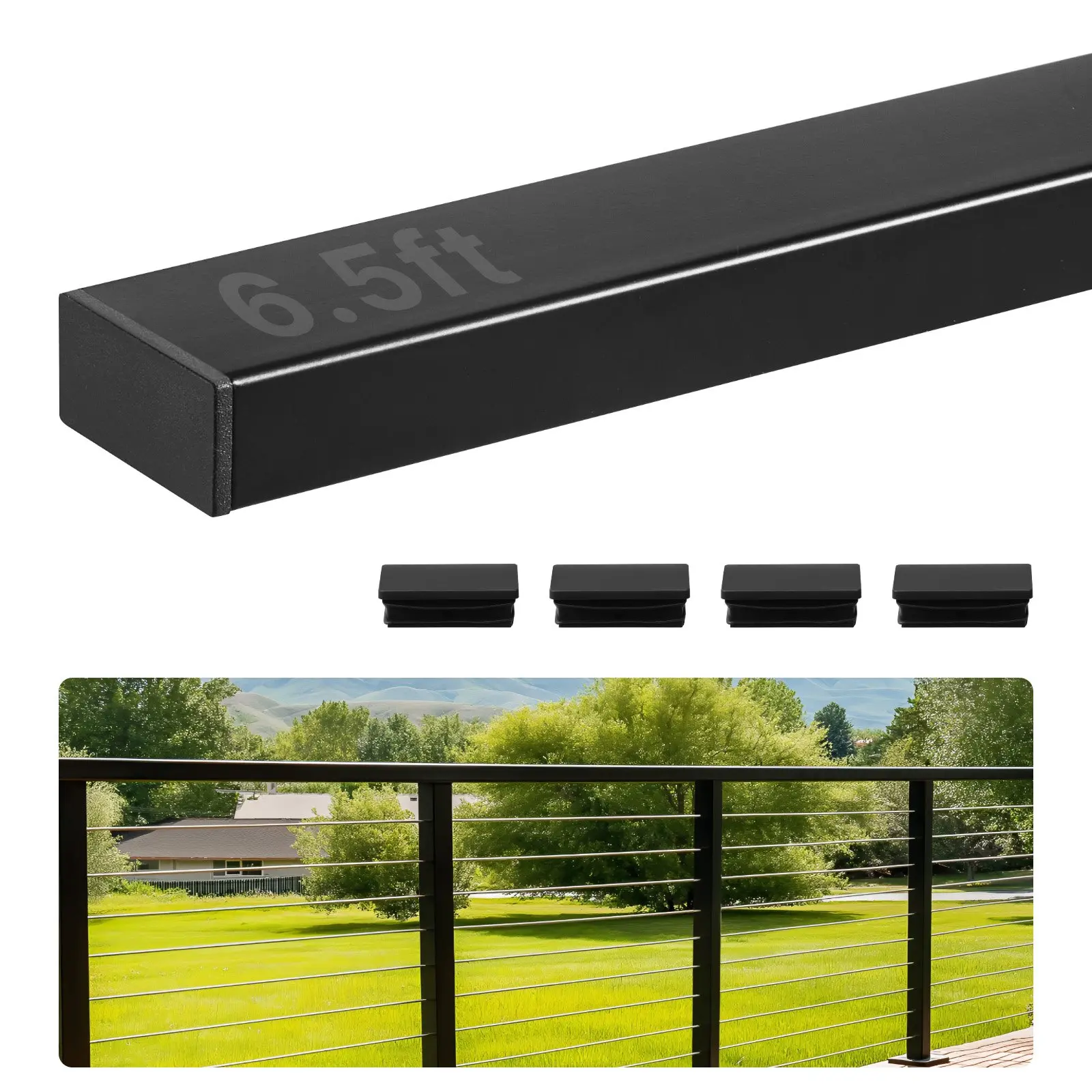 【toolupgrade】VEVOR 6.5 ft Stainless Steel Handrail, Rectangular Top Stair Deck Hand Rail for Outdoor/Indoor Steps with End Cap, Matte Black Coating Adjustable Metal Stair Rail for Cable Railing Kit