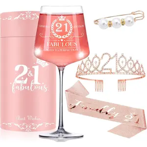 21st Birthday Gifts,Unique Engraved 21st Wine Glass,21 Year Old Birthday Decorations For Her,21&Fabulous Sash and Tiara For Women,Friends,Sister-Turning 21th Party Favor Supplies