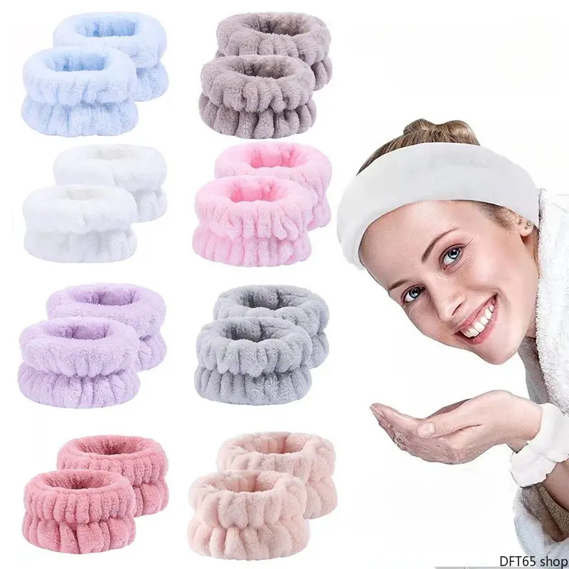 Wristband and Headband Set, Plush Flannel Skincare Accessories for Face Washing, Absorbent No-Drip Reusable Cuffs with Elastic Fit, One Size