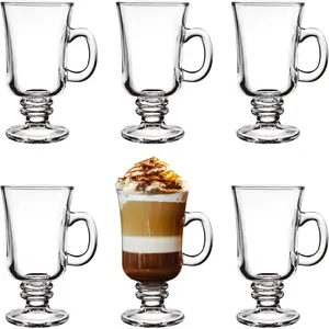 Set of 6 8 Oz Clear Glass Footed Irish Coffee Mugs with Handles, Goblet Glasses for Latte Cappuccino Smoothie Hot & Cold Beverages