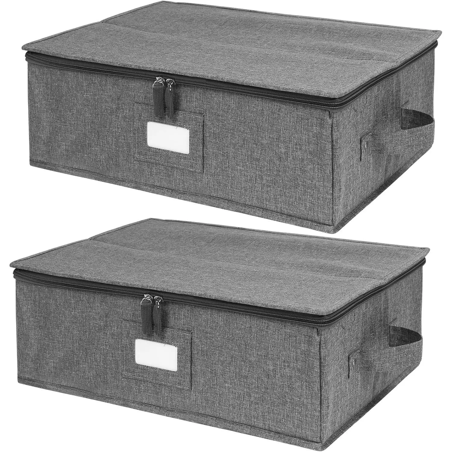 2 Pack Hard Shell Platter Storage Containers 17" x 13" x 6" for China, with 5 Felt Dividers Structured Top Stackable Linen Grey