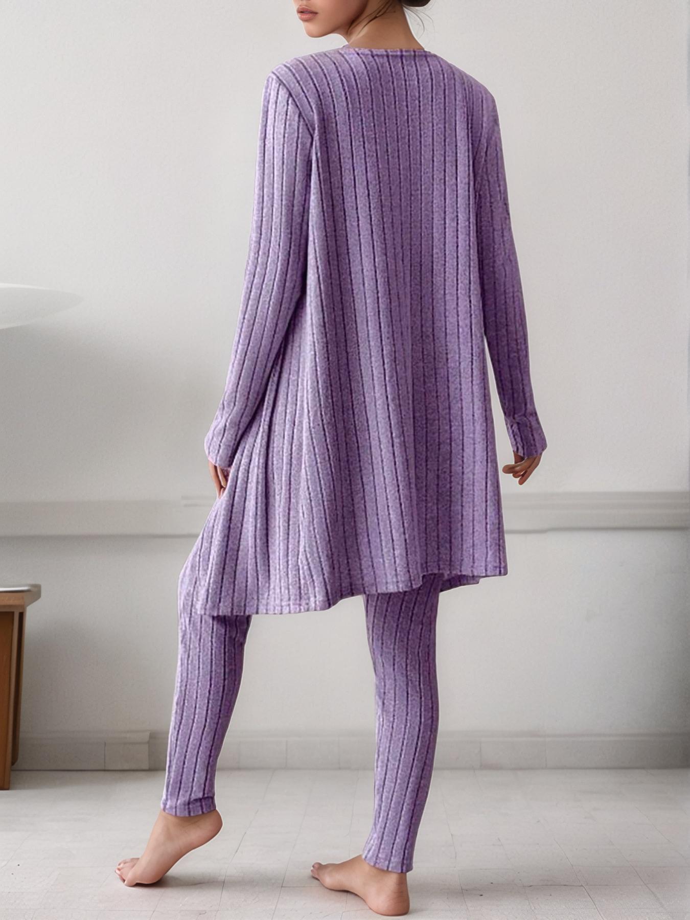 Women's Solid Ribbed Knit Tank Top & Pants & Open Front Long Sleeve Outwear, Casual Comfy Pyjama Set, Women's Sleepwear & Loungewear for Spring & Fall