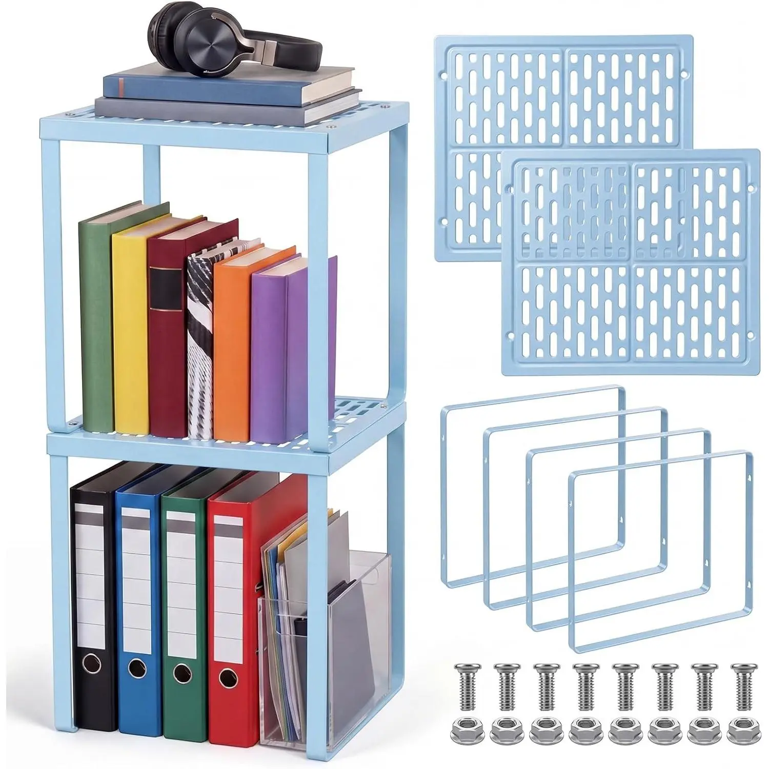 2 Pcs Locker Organizer Shelf Stackable 2-Tier Shelves Fits Standard Size School Lockers Heavy Duty Metal Locker Shelf for School Office Gym Lockers Home Storage 11x 10 x 12 Inch(Sky Blue)