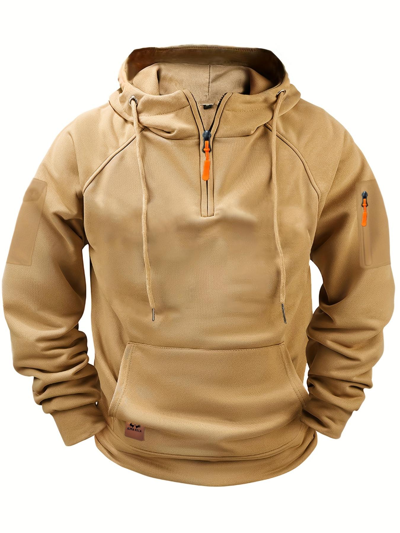 Men's Solid Color Hooded Long Sleeve Zip-Up Hoodie with 1/4-Zip Henry Collar, Kangaroo Pocket & Ribbed Cuffs - Casual Sportswear for Autumn Winter Outdoor Activities, Essential Hoodie, Sleek Smooth Texture