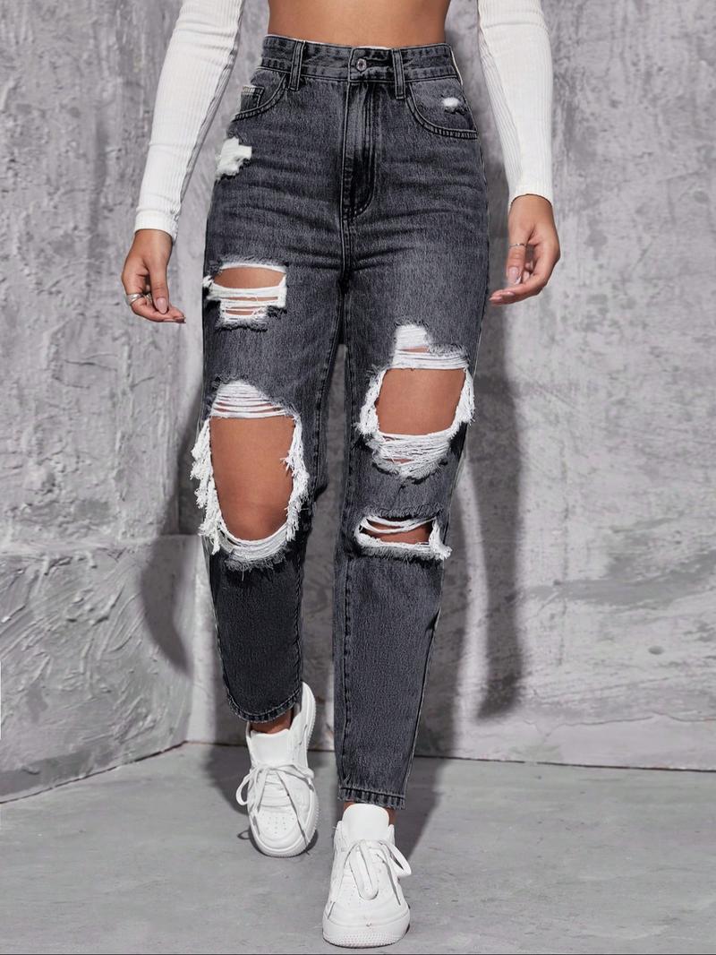 Women's High-Waisted Straight Leg Ripped Jeans Pants, Casual Comfortable Street Style Spring Fashion, Fitted Long Regular Fit