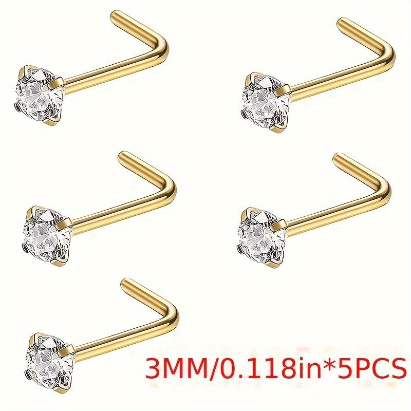 10Pcs Stainless Steel Simple Golden & Silvery Nose Rings Ear Studs Set Boho L-shaped Nose Nostril Piercing Body Jewelry Women Shiny Cubic Zirconia Nose Screw Ear Stud Ring L-shaped Nose Stud Set
