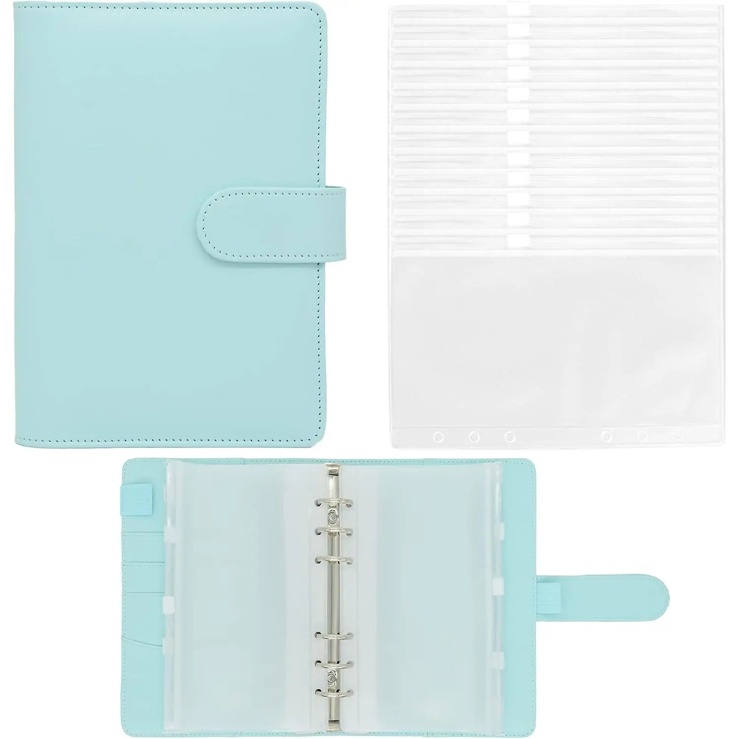15 count A6 Binder Pockets with PU Leather Notebook Binder Cover Refillable 6 Round Ring Binder Set for Personal Planner Organizer, Budget Binder, Savings Binder (Blue)