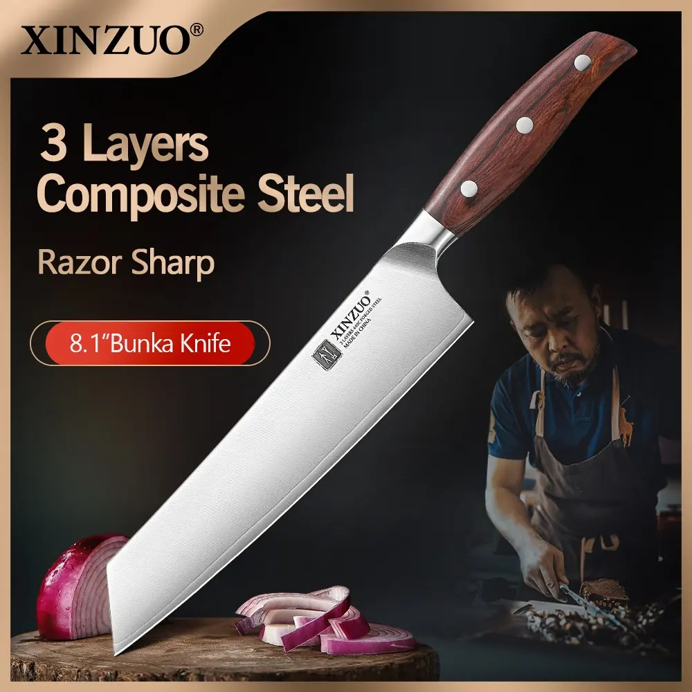XINZUO Multi-Functional 8.1 Inch Bunka Knife, Custom Three-Layer Composite Steel 440C Core, Ergonomic Red Wood Handle, Home & Commercial Use,Cooking Knife for Slicing Meat, Vegetables & Fruits Home Use