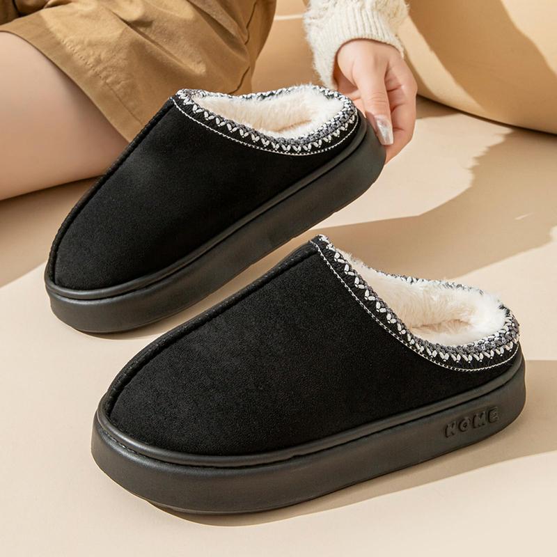 Women's Fluffy Winter Slippers Soft And Warm Durable Upper Indoor Outdoor Anti-slip EVA Sole Easy To Wear Black Suede Footwear