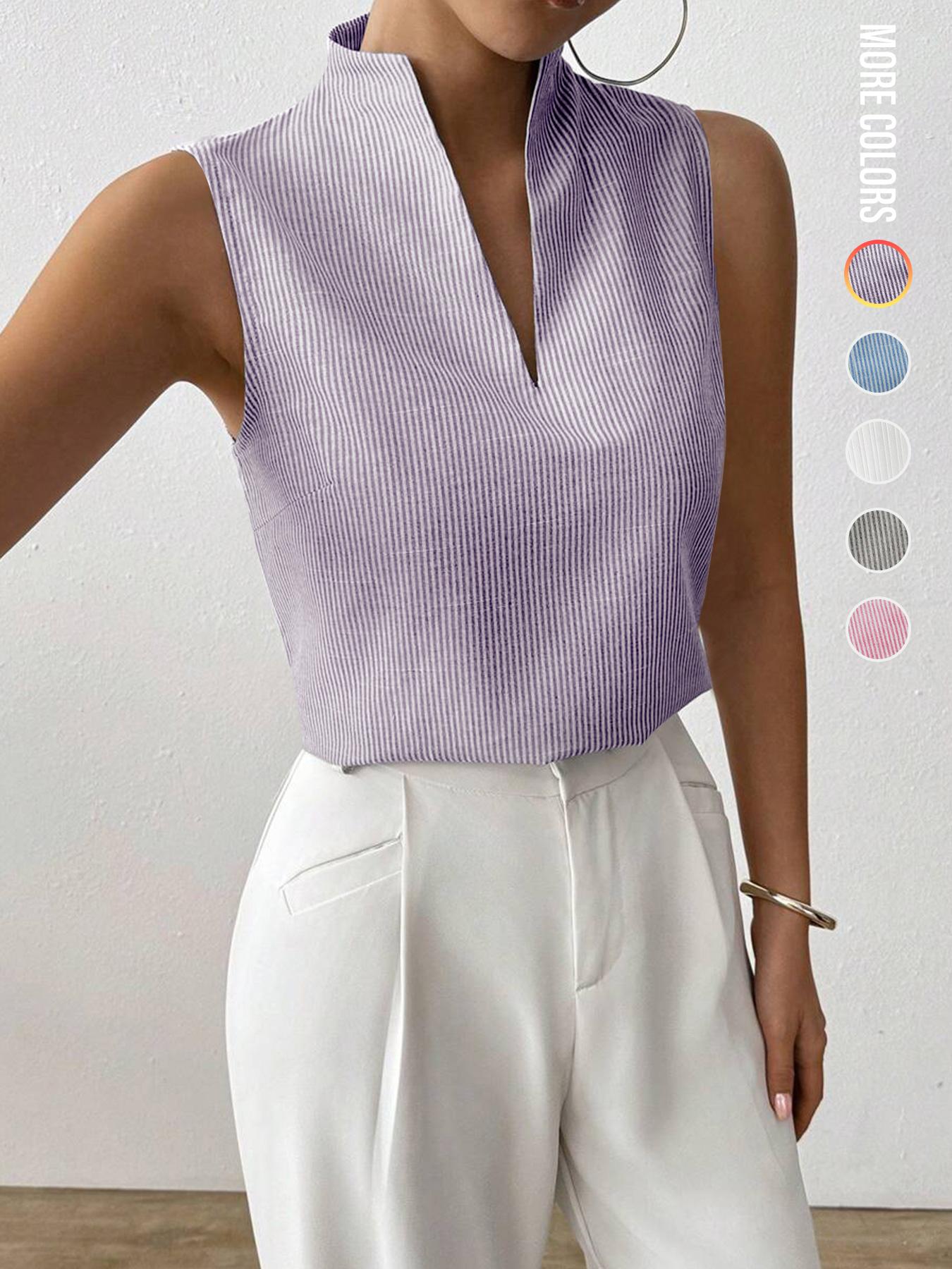 Women's Striped Print Curved Hem Tank Top, Casual Chic Sleeveless Top for Work Office Business, Ladies Clothes for Summer, Womenswear