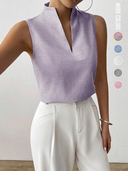 Women's Striped Print Curved Hem Tank Top, Casual Chic Sleeveless Top for Work Office Business, Ladies Clothes for Summer, Womenswear