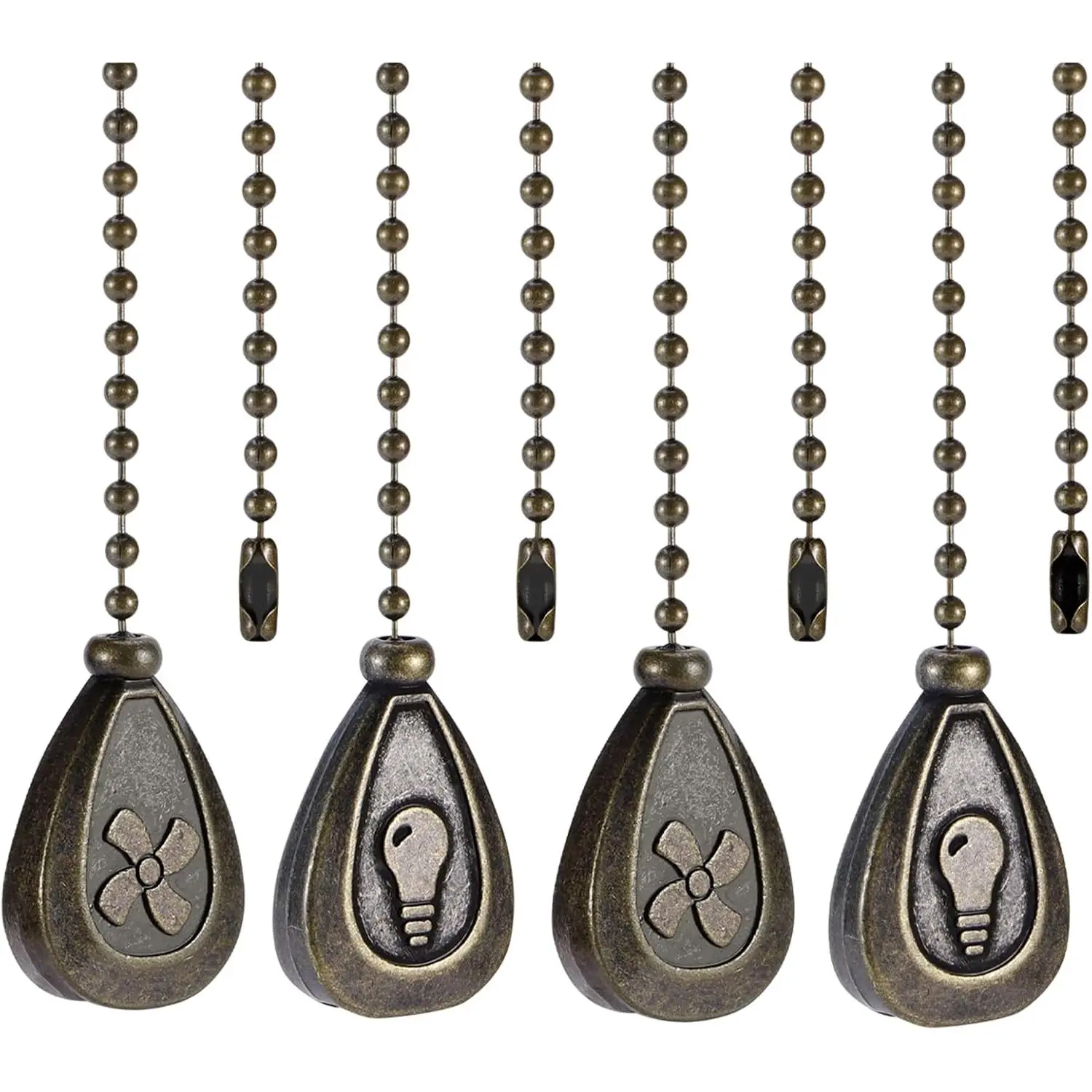 4 Pack Bronzed Ceiling Fan Pull Chain Extension, 12 Inches Classic Drop Shaped Pendant Pull Chains for Ceiling Fans and Lights, Decorative Fan Pulls Extenders with Connector (2 light and 2 fan)