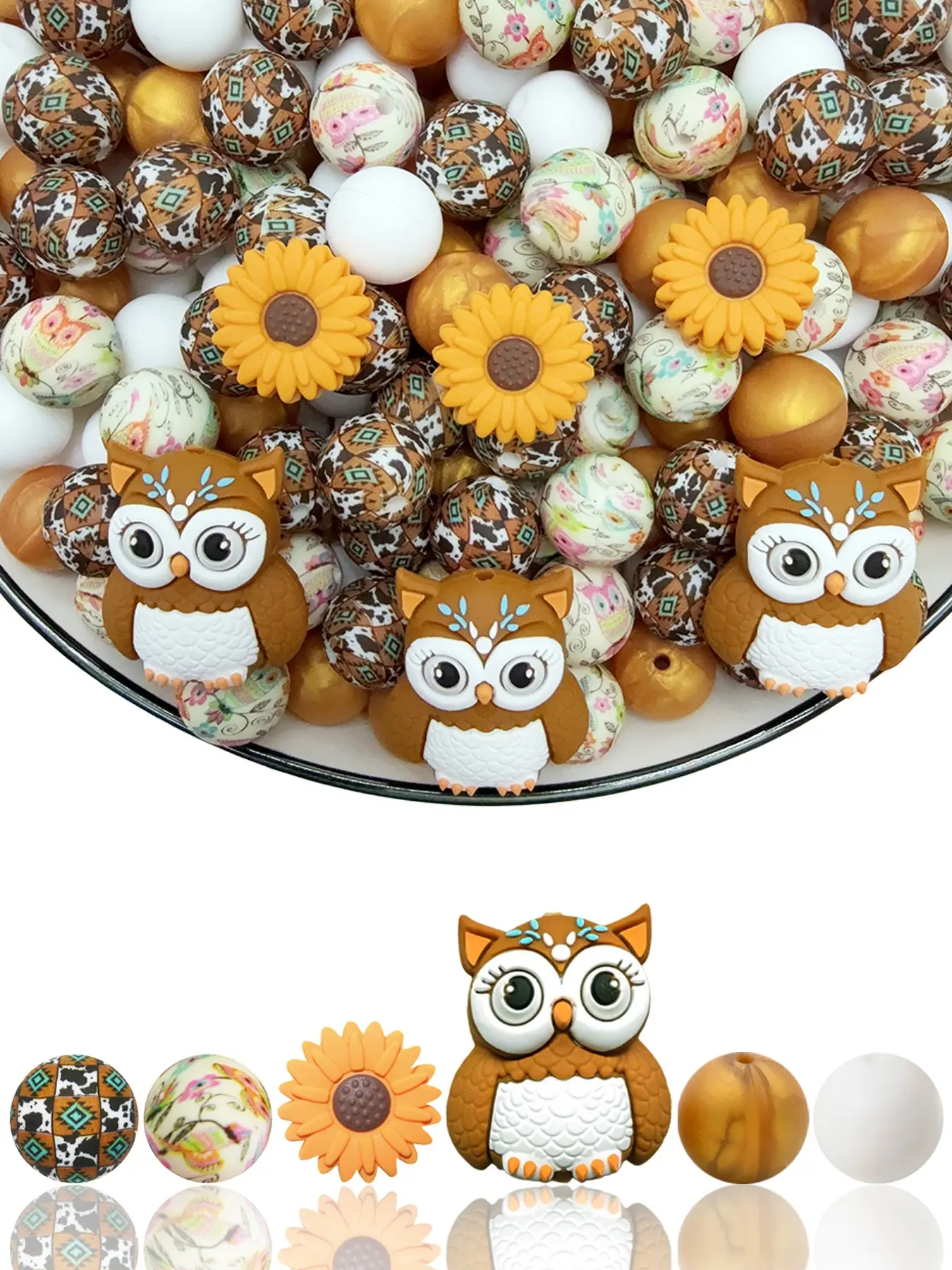 34pcs Fall Owl Silicone Beads Set, Vintage Owl Sunflower Design, Ethnic Geometric Floral Gold Texture Matte Beads, DIY Beads Assortment, DIY Jewelry Making Kit