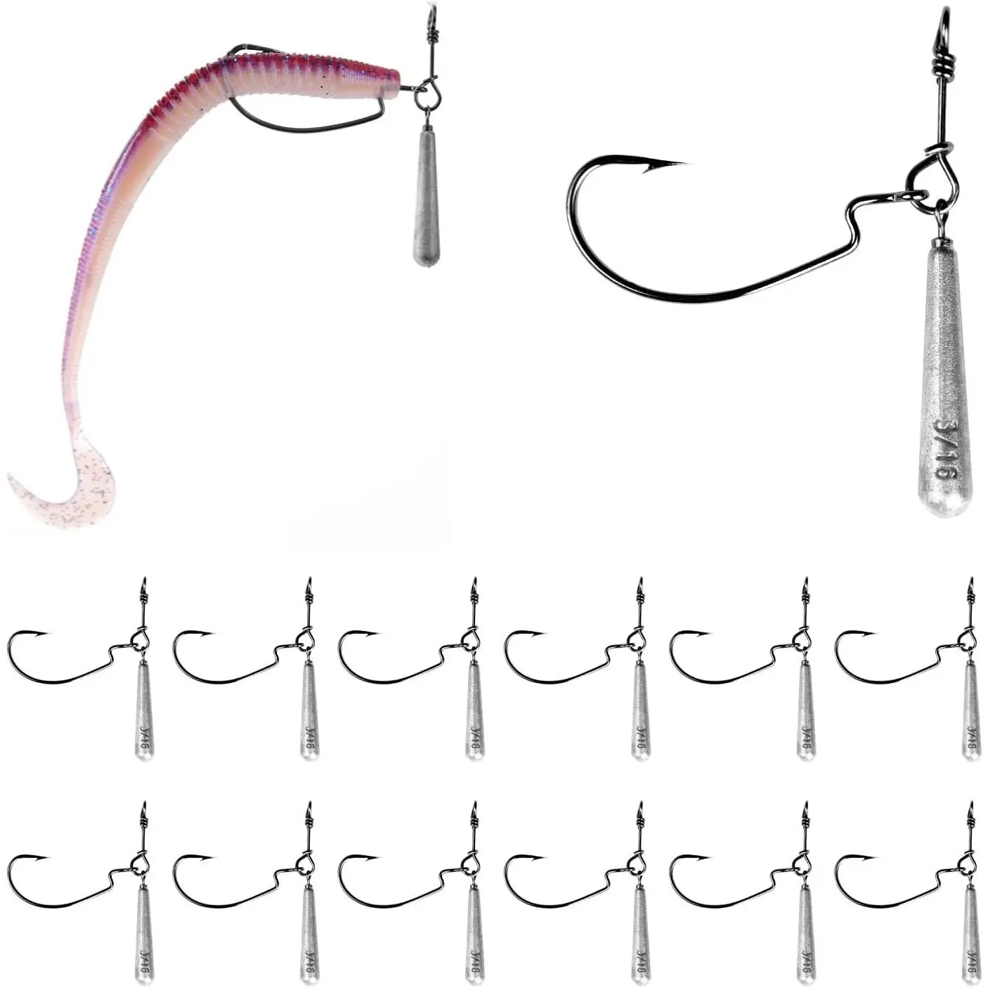 Jika/Tokyo Rig (10/12 PCs) - Drop Shot Style Fishing Rigs with Weedless EWG Hooks (1/8 3/16 1/4 3/8 1/2oz) | Replaceable Hooks & Weights
