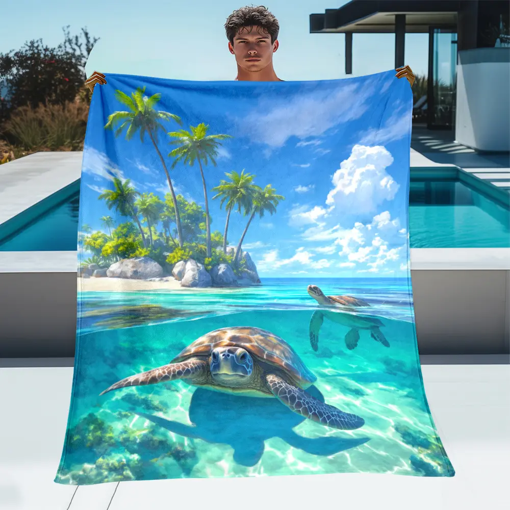 1pc Tropical Turtle & Palm Tree Ocean Island Design HD Printed Lightweight Flannel Throw Blanket - Soft Warm All-Season Fleece for Sofa, Travel, Camping, Office - Machine Washable Gift for Home Decor, Turtle Blanket