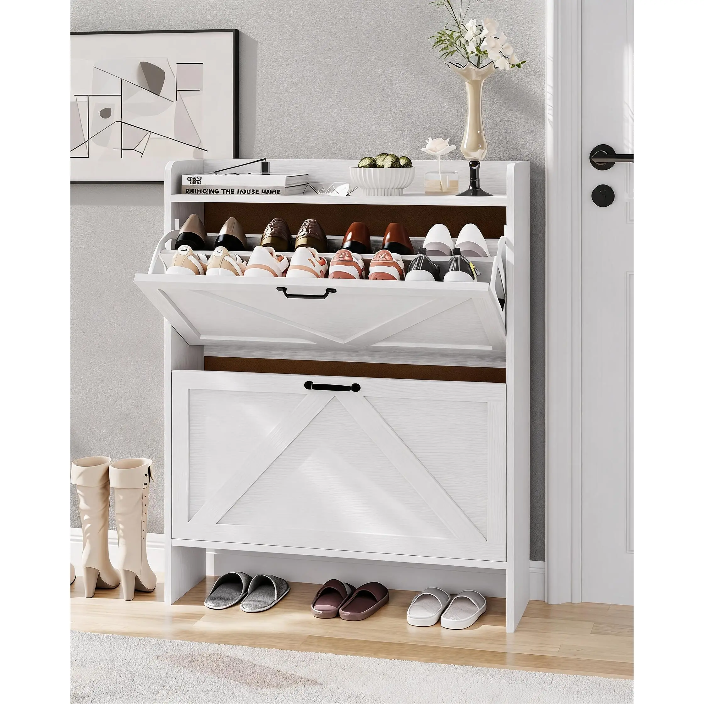 Slim Narrow Shoe Cabinet with 2 Turn over Drawers – Hidden Large Capacity Storage Organizer for Entryway or Hallway – Adjustable Shelf, Dustproof Freestanding Design, Sturdy MDF & Metal Legs, Modern Farmhouse & Industrial Style, Anti-Tip – Black or White
