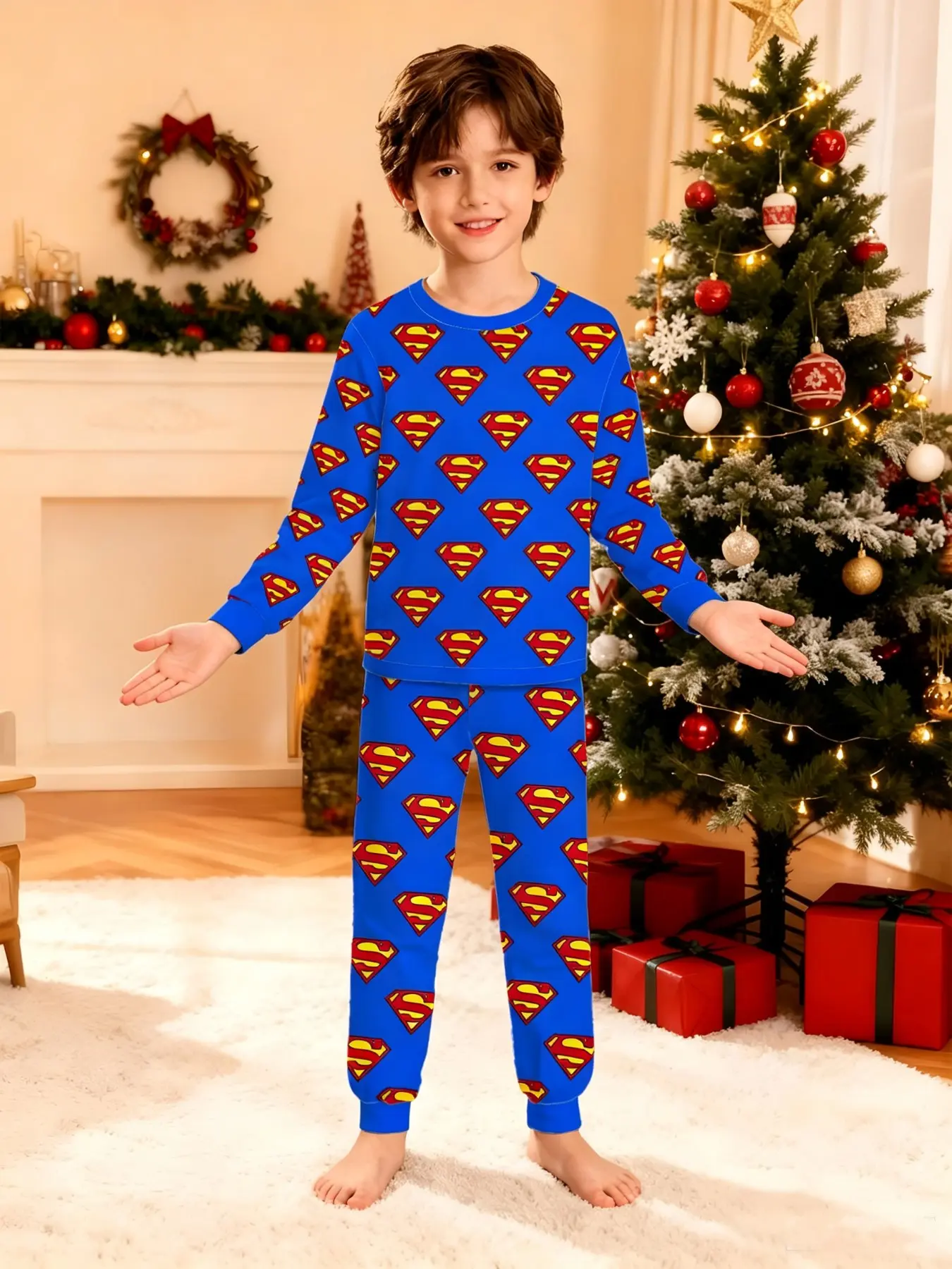 Official Warner Bros. Boys' Long Sleeve Pajama Set, Dc Batman Bat Logo Print, Home Wear Two-Piece Set, Christmas Gift, Authentic Kids Pajamas