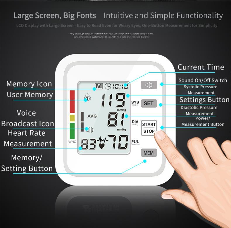 Fully Automatic Upper Arm Blood Pressure Monitor with Heart Rate Detection - Home & Medical Use  Intelligent Voice Broadcast