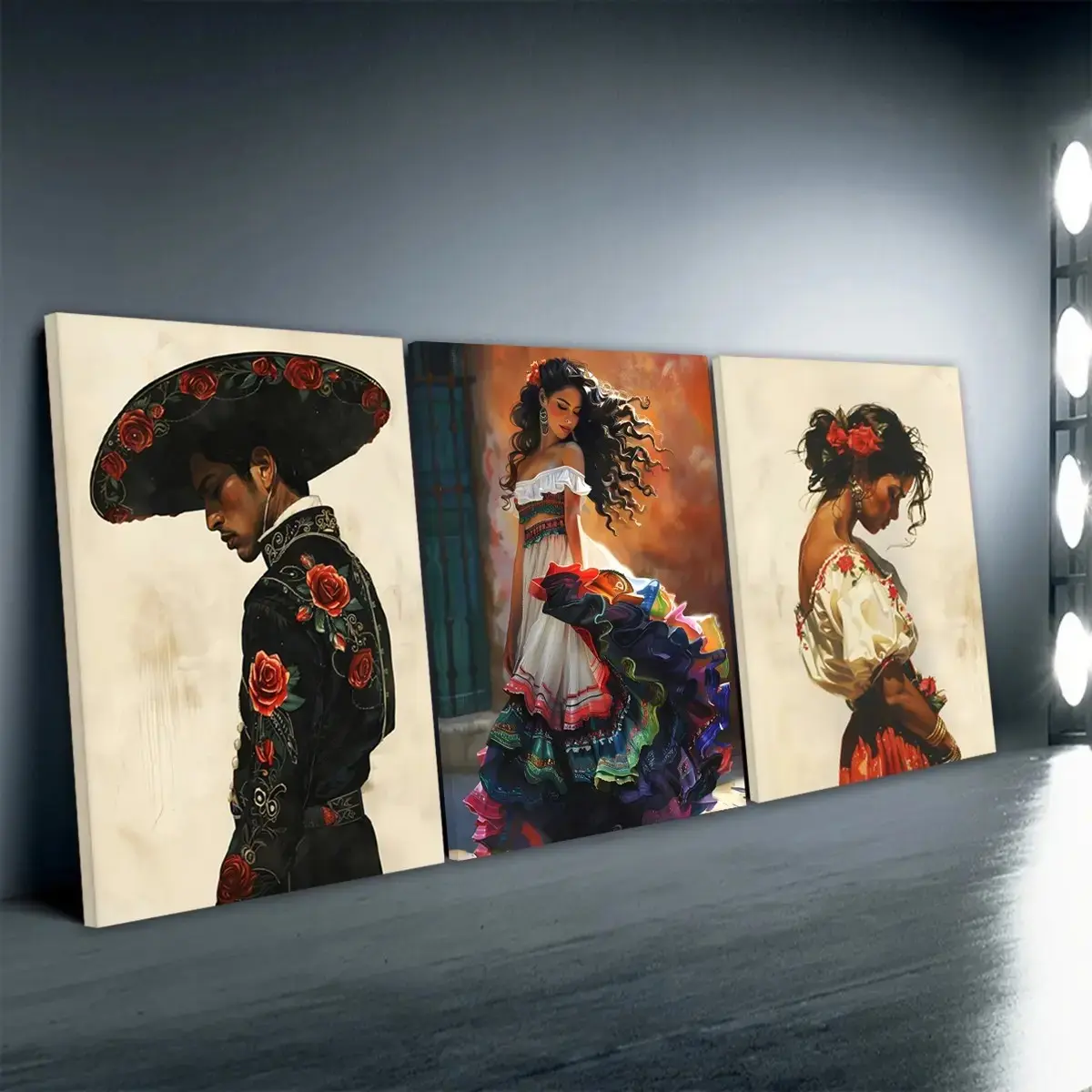 3 Piece Frameless Wrapped Art Set, Mexican Charro Folk Trio, Passionate Samba Dancer Oil Painting, European Vintage Living Room Wall Art, Gallery Wall Decor