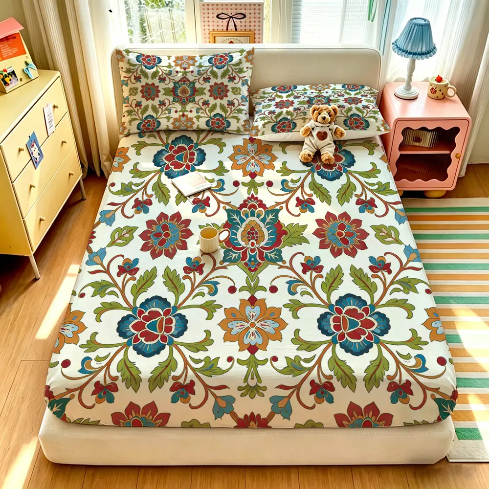 A 3-piece digital-printed bedding set with a retro Persian pattern, including one bedspread and two pillowcases, without a filling. The bedspread is soft and comfortable, with a deep pocket design, making it a perfect gift option.