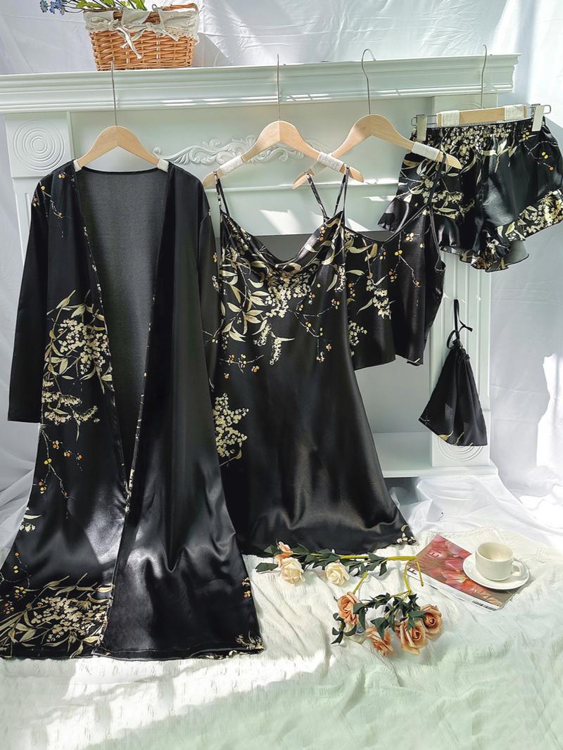 5 Counts Women's Floral Print Satin Pajama Set, Elegant Belted Robe & Cowl Neck Cami Dress & Camisole & Ruffle Shorts & Bag, Women Sleepwear for All Seasons, Summer Outfits, Satin Pyjama Set
