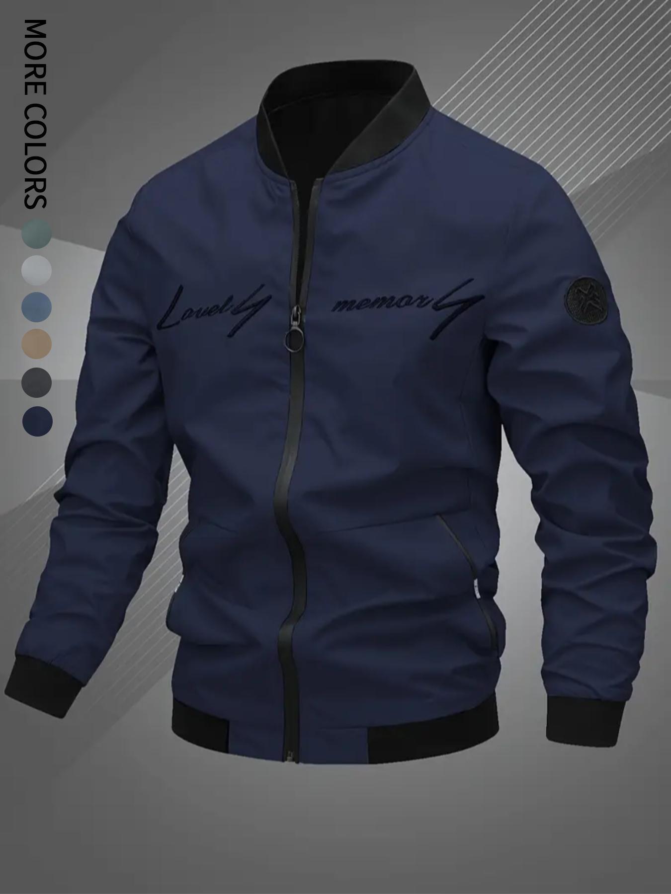 Men's Regular Fit Letter Embroidery Zip Up Bomber Jacket, Casual Long Sleeve Windproof Baseball Collar Outerwear for Fall & Winter, Men's Clothes for Daily Wear, Jackets for Men, Coat