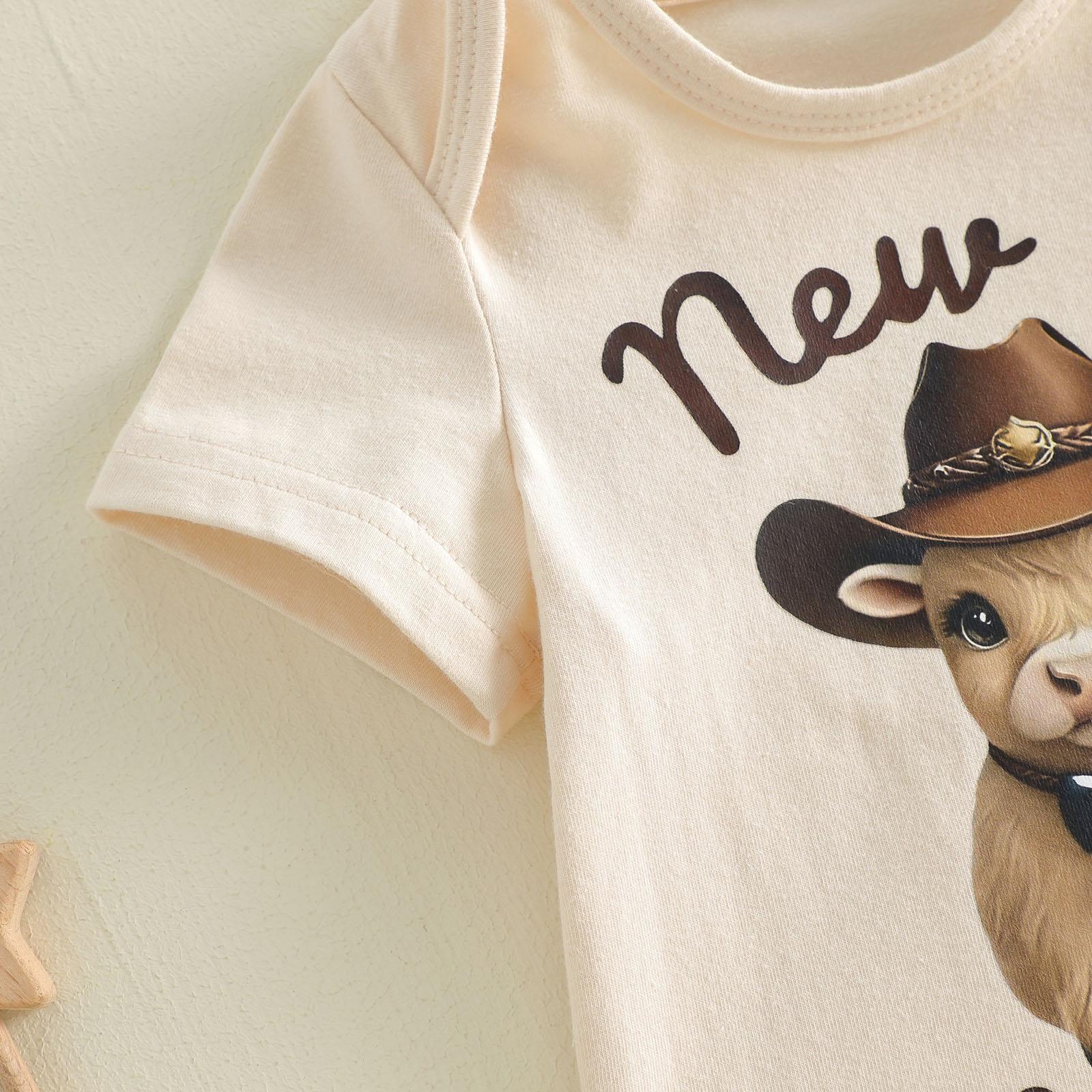 New to the Herd Baby Boy Cowboy Outfit Western Highland Cow Print Bodysuit Jogger Pants Hat Set Cute Newborn Coming Home Summer Clothes Announcement