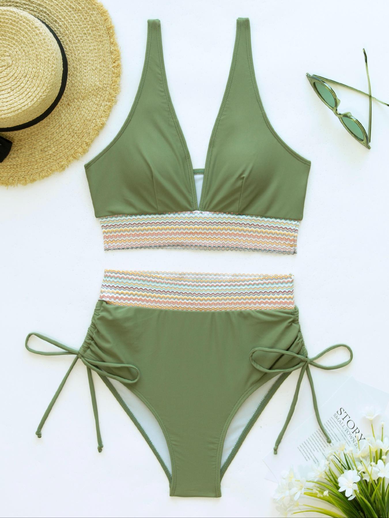 Two-piece Set Women's Colorblock  Bikini Set, Casual Fashion Chic Swim Top & Swim Bottom  Set for Beach Holiday Vacation, Ladies Swimwear for All Seasons, Sea Fancy Swimsuits