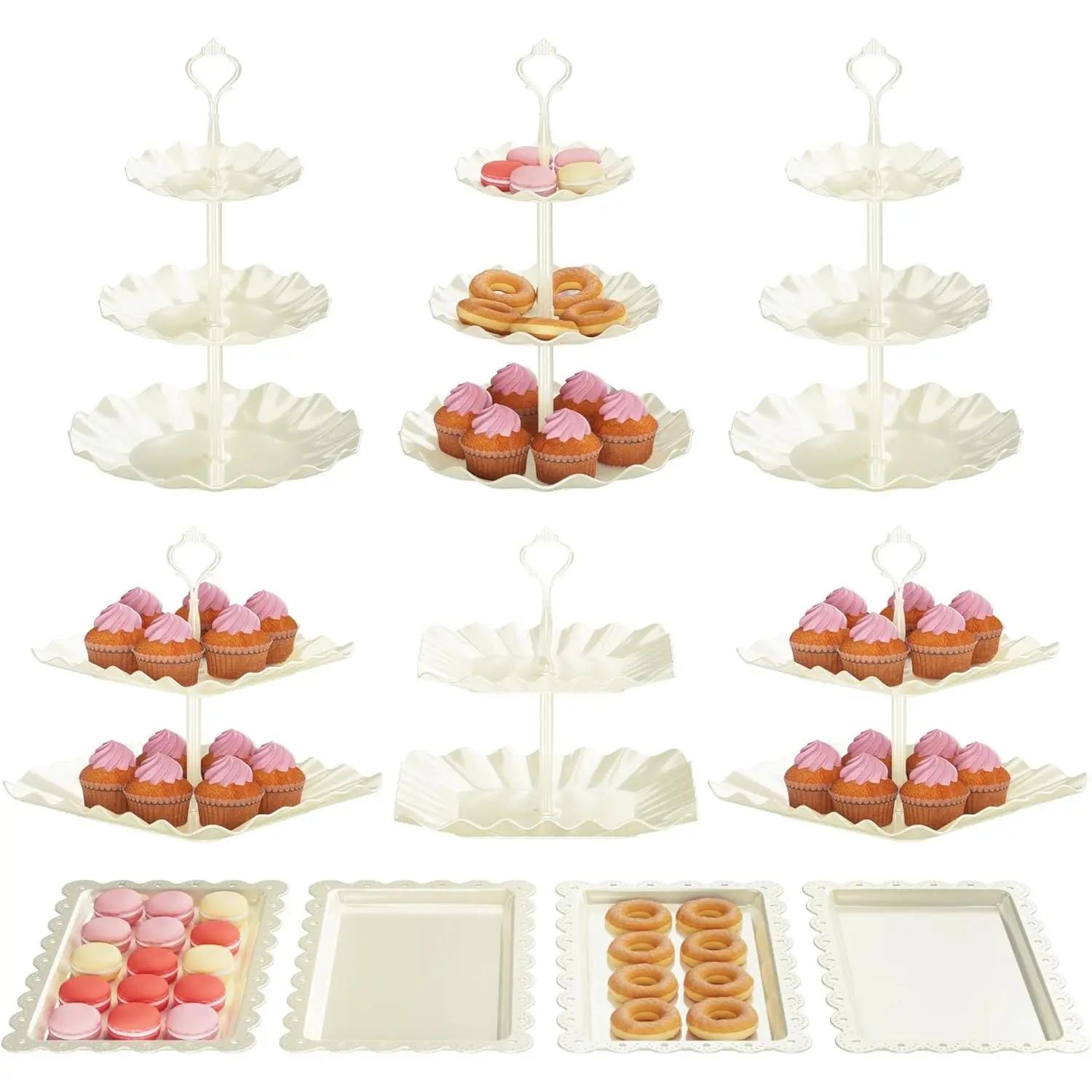 10 Pack Cake Stand Set with 3 x Two-Tier and 3 x-Tier Cupcake Stands, Dessert Table Stand Set 3 Tired Cookie Tray and 4 Pcs Dessert Trays