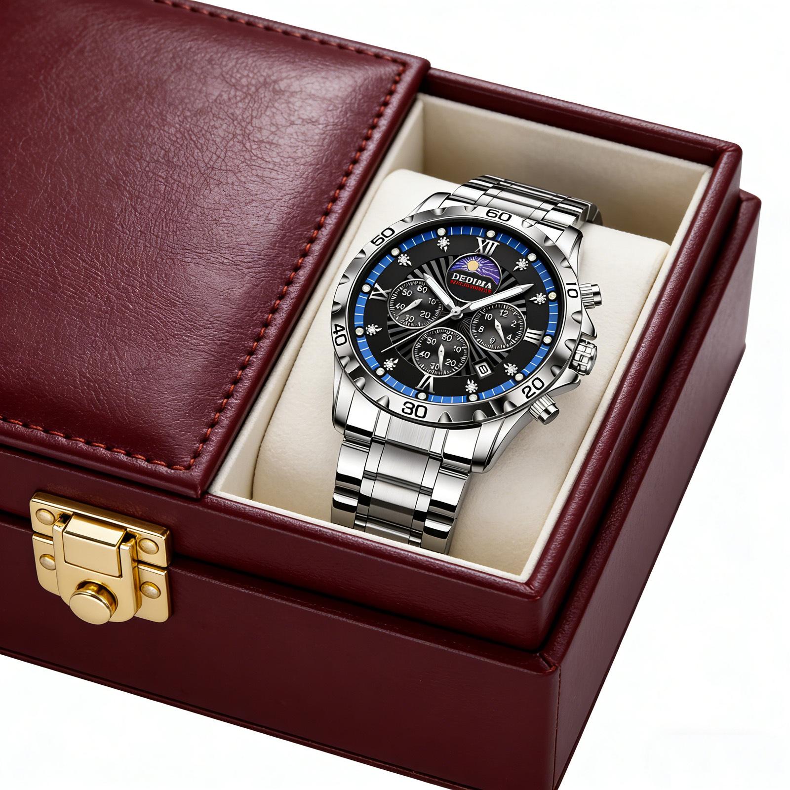 Men's Quartz Watch PE903 Movement 42mm Dial Luminous Display Calendar Moon Phase 30M Waterproof Stainless Steel Strap Business Style Hot-Selling Item