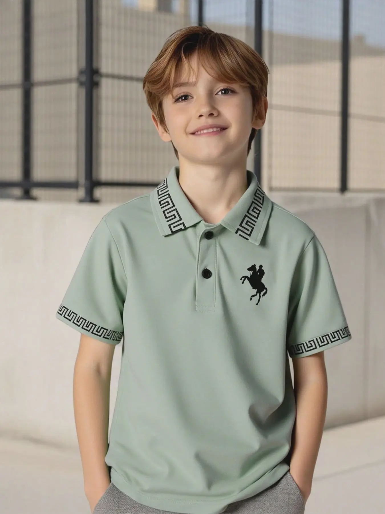 Boys' Fashion Simple Style Polo Shirt, Solid Color and Sleeve Pattern Print, Comfortable Summer Wear, Casual Slim-Fit Short Sleeve