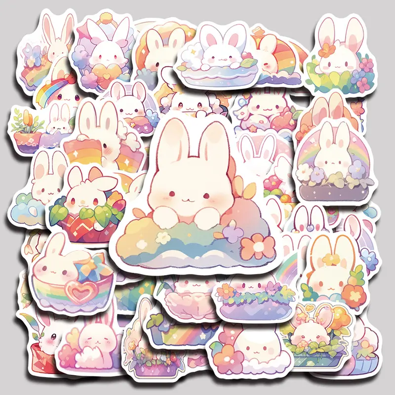 50PCS Rainbow Bunny Aesthetic Vinyl Stickers Pack for Laptop Water Bottle Phone Case Skateboard Journal Scrapbook DIY Decoration