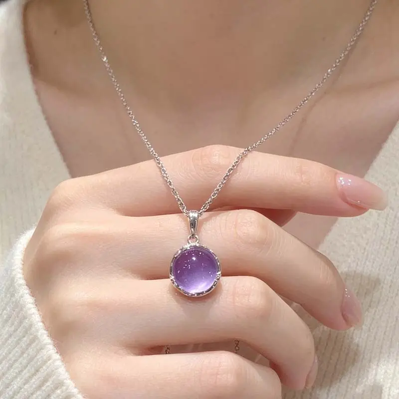 Natural Amethyst Pendant Necklace – Round Amethyst Statement Short Necklace – 925 Sterling Silver Healing Gemstone Jewelry – Delicate Solitaire-Style Chain – Gift for Women